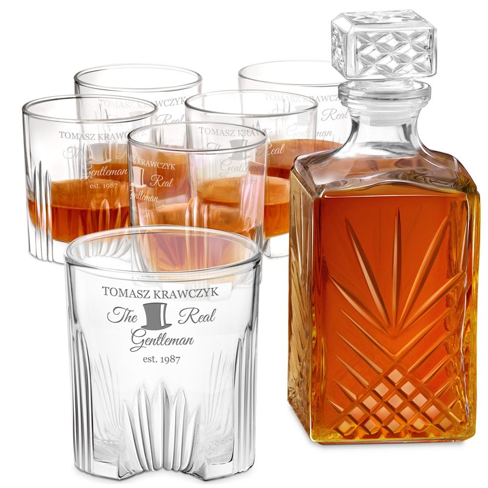 Karafka krysztaowa do whisky z 6 szklankami zestaw z grawerem dla gentlemana na urodziny