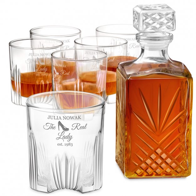 Karafka kryształowa do whisky z 6 szklankami zestaw z grawerem dla damy na urodziny