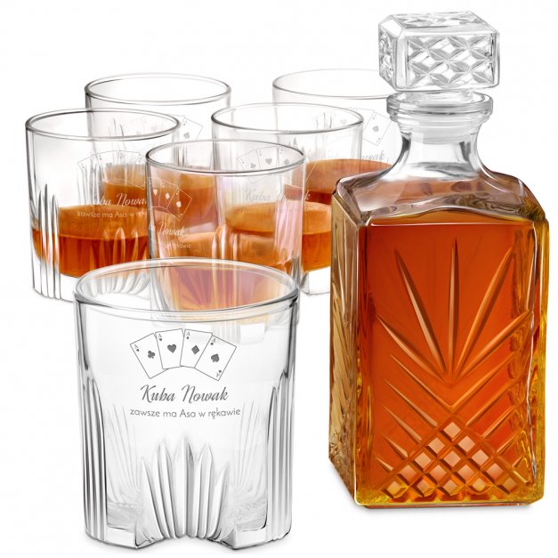 Karafka kryształowa do whisky z 6 szklankami zestaw z grawerem dla gracza