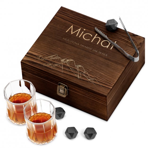 Kamienie do whisky kostki ze szklankami w drewnianym pudełku z grawerem dla miłośnika gór podróżnika na imieniny