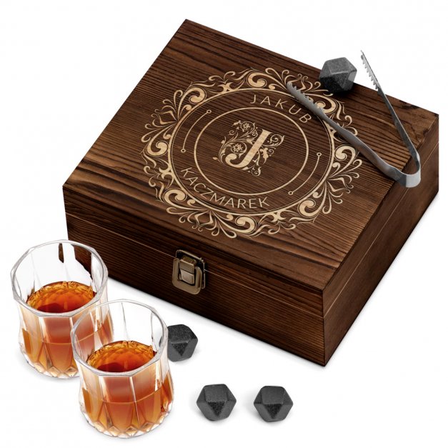 Kamienie do whisky kostki ze szklankami w drewnianym pudełku z grawerem dla gentlemana