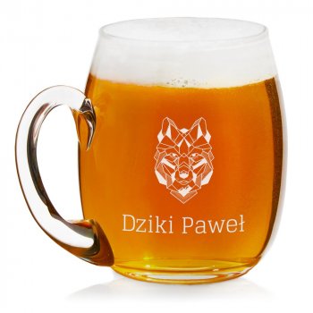 Kufel szklany do piwa z grawerem wilk dla niego podróżnika szefa