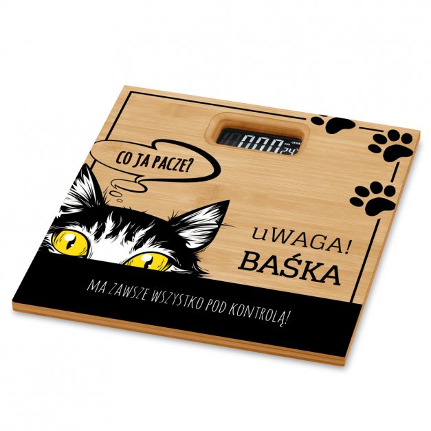 Waga bambusowa łazienkowa z nadrukiem dla kociary