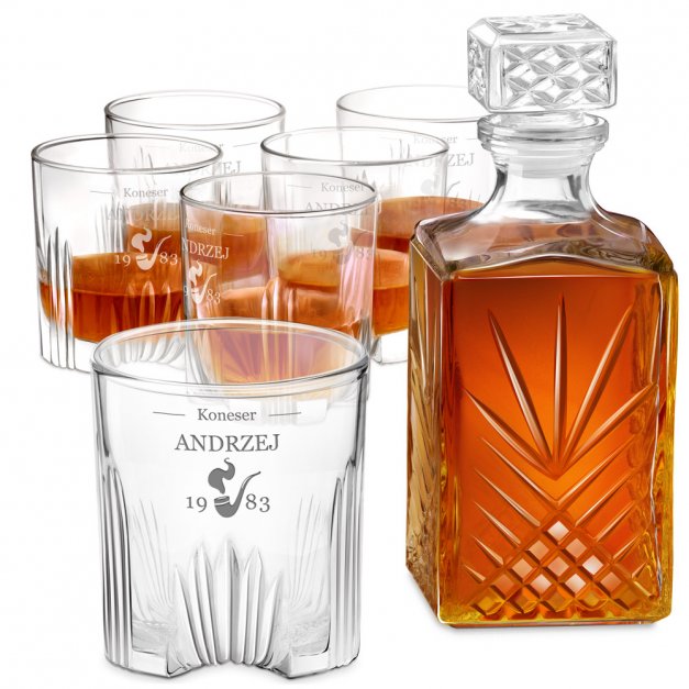 Karafka kryształowa do whisky z 6 szklankami zestaw z grawerem dla konesera na urodziny