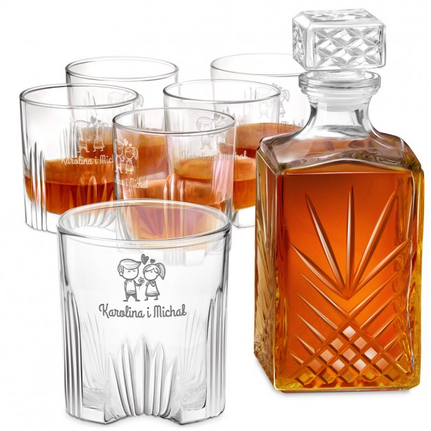 Karafka kryształowa do whisky z 6 szklankami zestaw z grawerem dla pary na ślub rocznicę walentynki