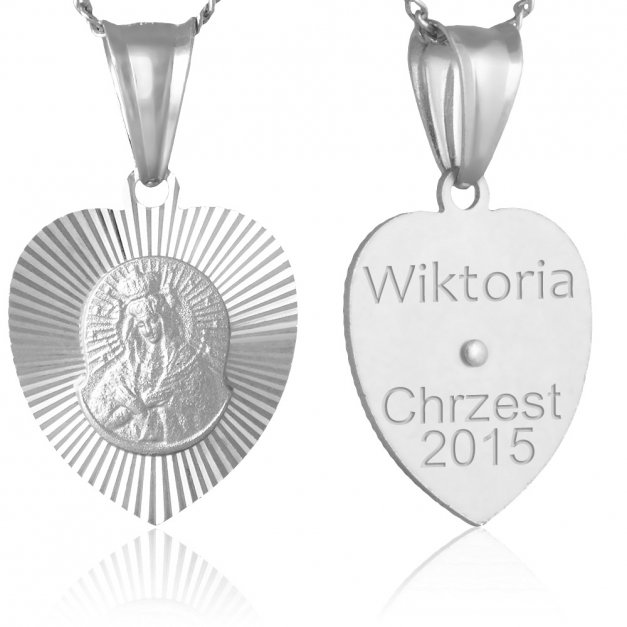 Srebrny Medalik 925 Matka Boska Serce z Łańcuszkiem Grawer