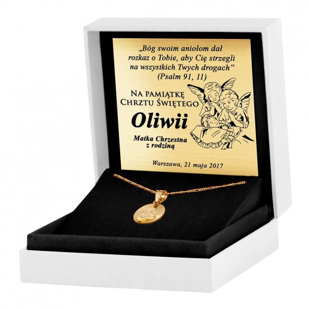 Medalik srebrny 925 złocony Matka Boska z łańcuszkiem w pudełku z grawerem dla chłopca na chrzest
