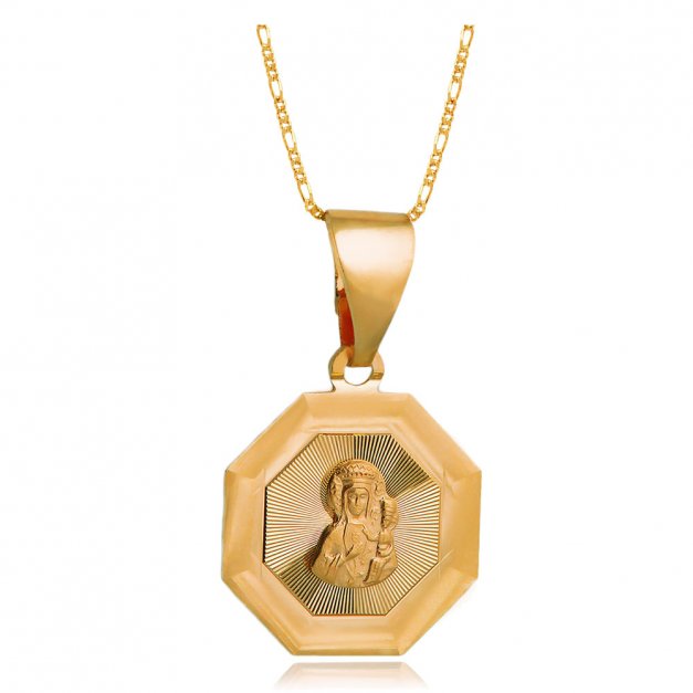 Medalik srebrny 925 złocony Matka Boska z łańcuszkiem w pudełku z grawerem dla chłopca na chrzest