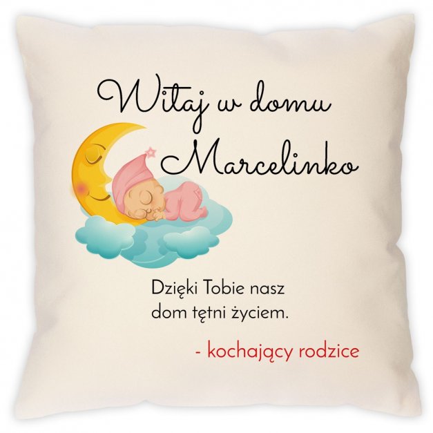 Poduszka bawełniana z nadrukiem dla dziewczynki z okazji narodzin