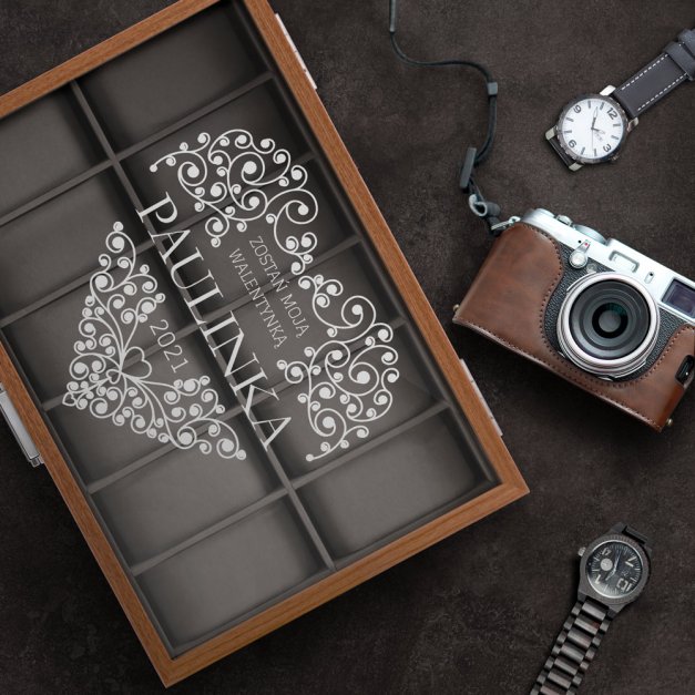 Szkatułka drewniana kuferek na zegarki z grawerem dla dziewczyny żony na walentynki