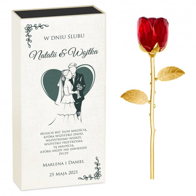 Róża kryształowa w pudełku z nadrukiem dla pary na ślub