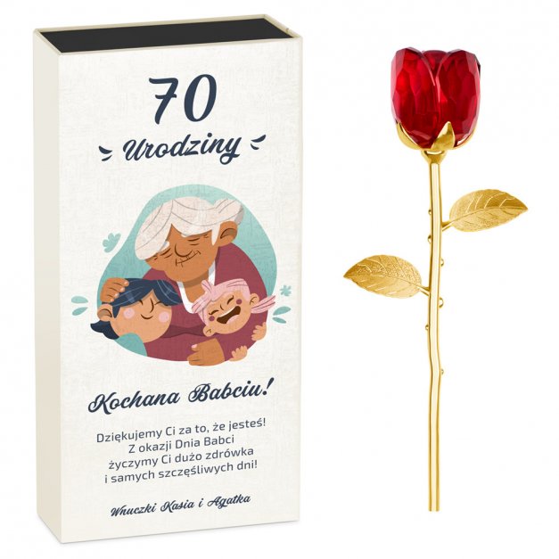 Róża kryształowa w pudełku z nadrukiem dla babci na 70 urodziny