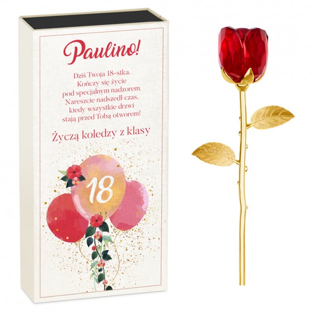 Róża kryształowa w pudełku z nadrukiem dla koleżanki na 18 urodziny