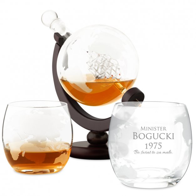 Zestaw do whisky karafka globus statek z 2 szklankami z grawerem dla ministra urzędnika na urodziny
