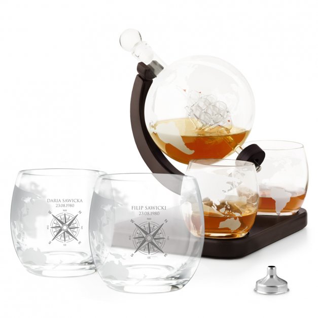 Karafka szklana ze statkiem do whisky z 4 szklankami zestaw z grawerem dla podróżników pary