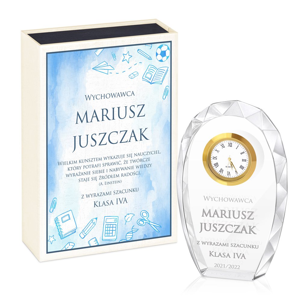 Statuetka krysztaowa z grawerem w pudeku z nadrukiem dla wychowawcy nauczyciela