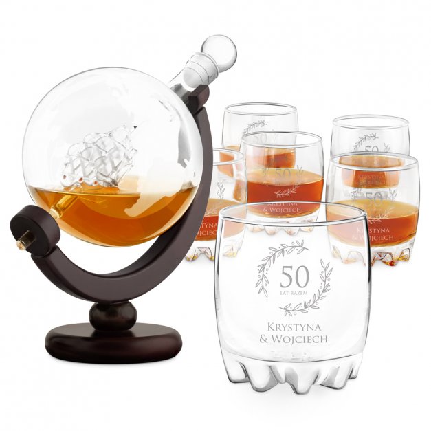 Karafka globus 6 szklanek sylwana zestaw do whisky grawer na 50 rocznicę