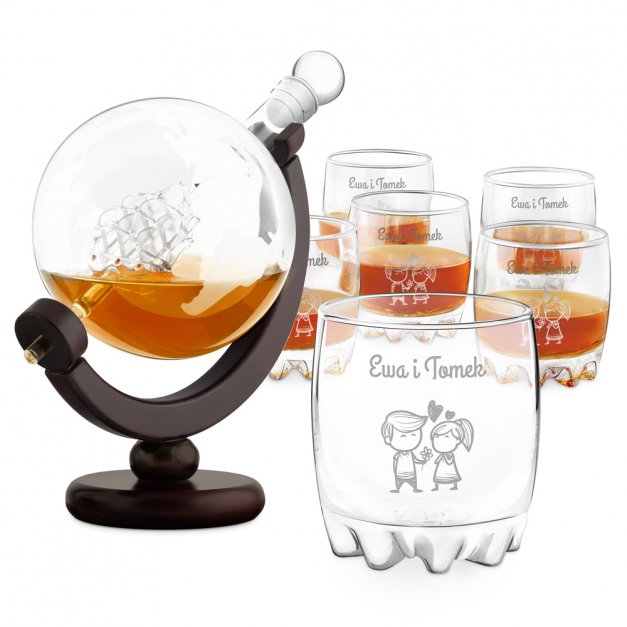 Karafka globus 6 szklanek sylwana zestaw do whisky grawer dla pary walentynki ślub rocznica
