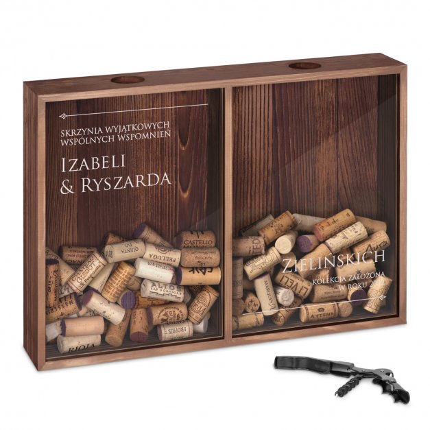 Skrzynka na korki od wina i kapsle podwójna z nadrukiem dla pary na ślub rocznicę parapetówkę