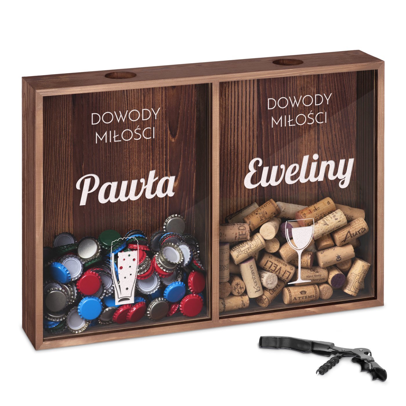 Skrzynka na korki od wina i kapsle podwjna z nadrukiem dla pary na lub rocznic parapetwk