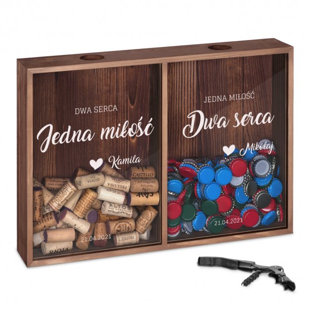 Skrzynka na korki od wina i kapsle podwójna z nadrukiem dla pary na ślub rocznicę parapetówkę