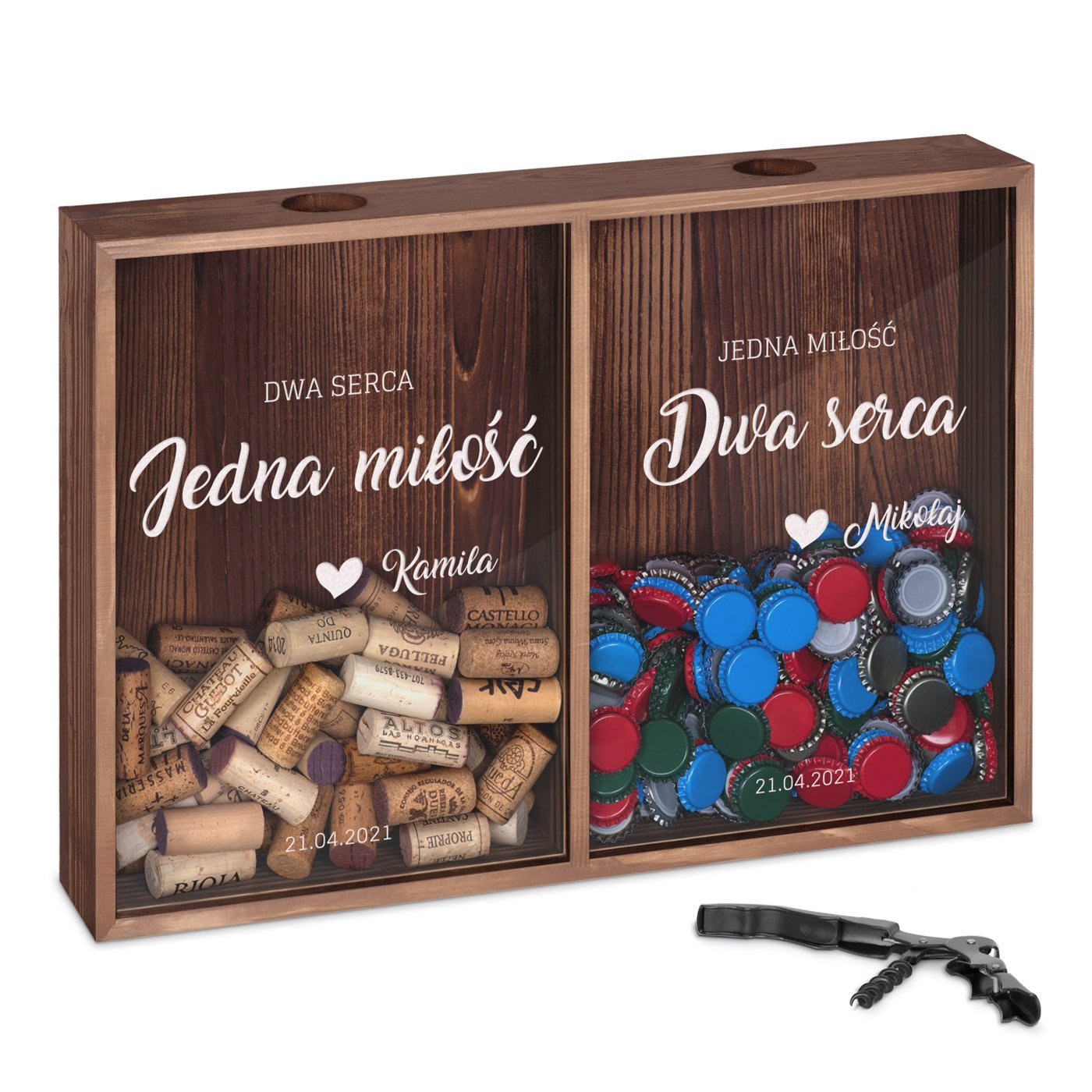 Skrzynka na korki od wina i kapsle podwjna z nadrukiem dla pary na lub rocznic parapetwk
