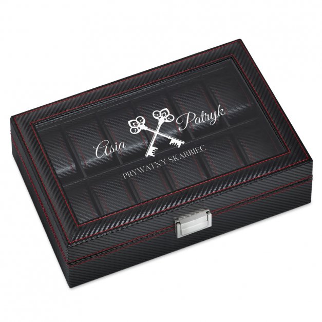 Szkatułka karbonowa kuferek na zegarki z grawerem dla pary na ślub rocznicę parapetówkę