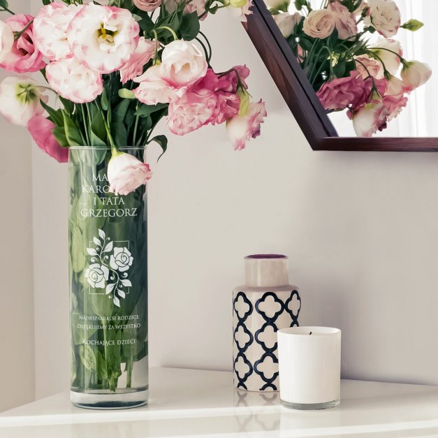 Wazon szklany na kwiaty dedykacja z grawerem dla rodziców jako podziękowanie ślubne