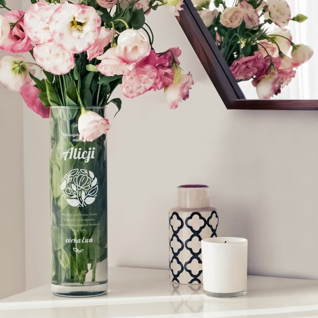 Wazon szklany na kwiaty dedykacja z grawerem dla mamy na Dzień Matki