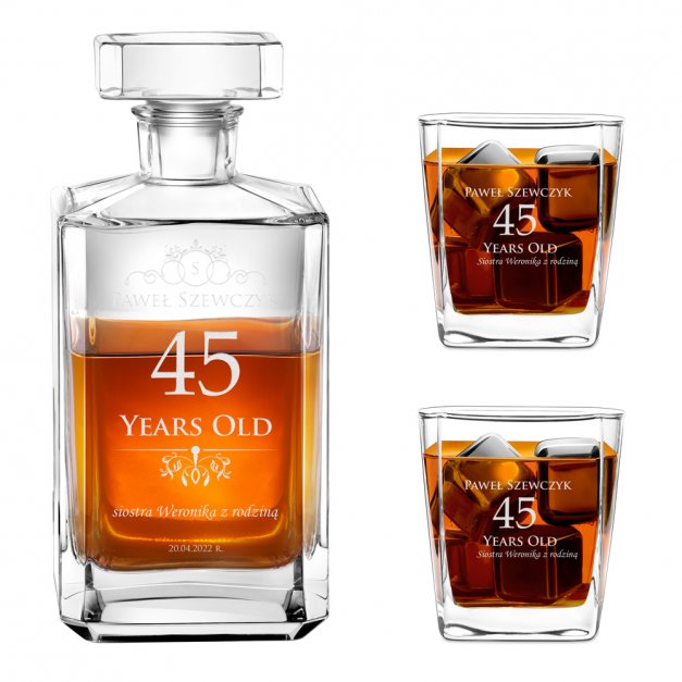 Karafka burbon 2 szklanki zestaw grawer dla brata na 45 urodziny
