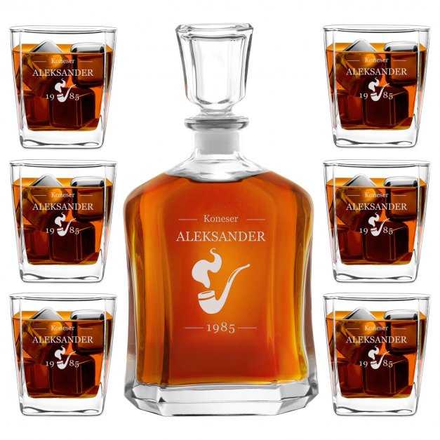 Karafka z 6 szklankami zestaw z grawerem dla konesera whisky na urodziny