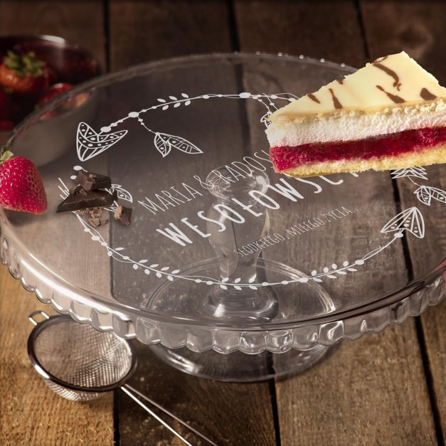 Patera szklana do ciasta z grawerem dla pary na ślub rocznicę