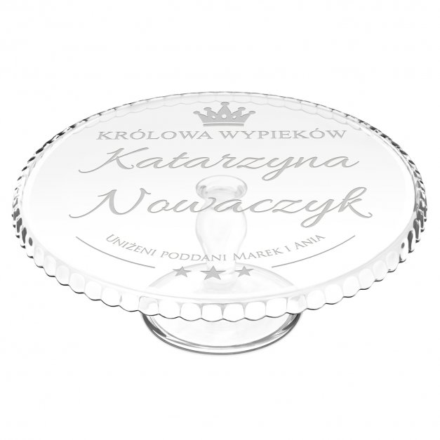 Patera szklana do ciasta z grawerem dla niej cukiernika