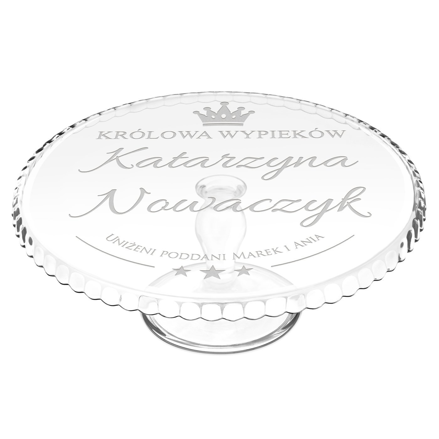 Patera szklana do ciasta z grawerem dla niej cukiernika