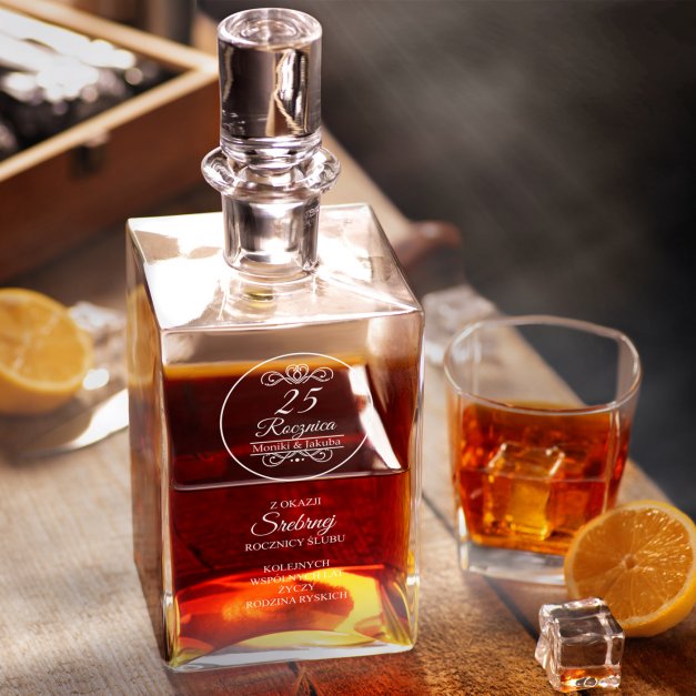 Karafka szklana prostokątna na whisky dla pary na 25 rocznicę