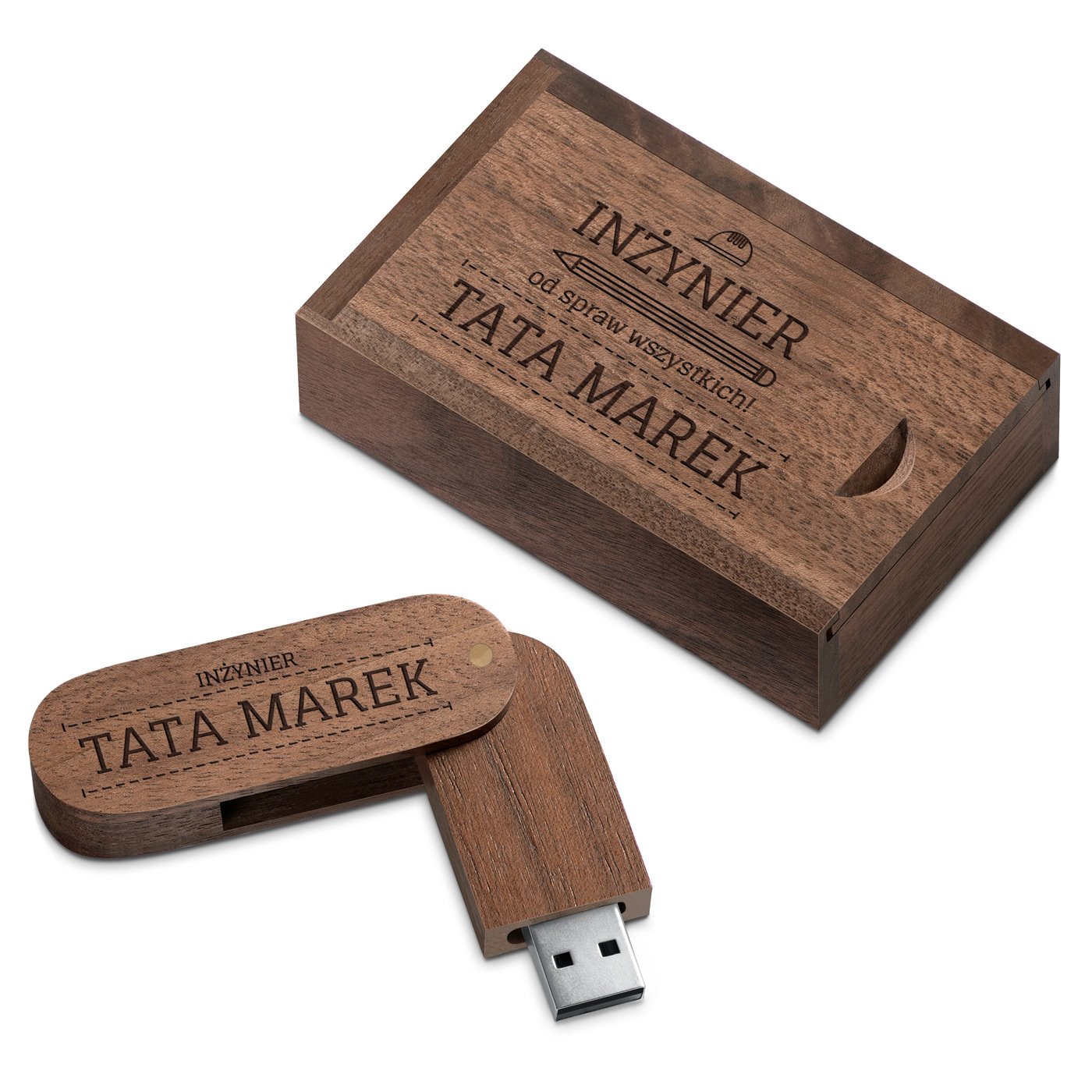 Pendrive drewniany z grawerem na pudeku dla inyniera taty majsterkowicza
