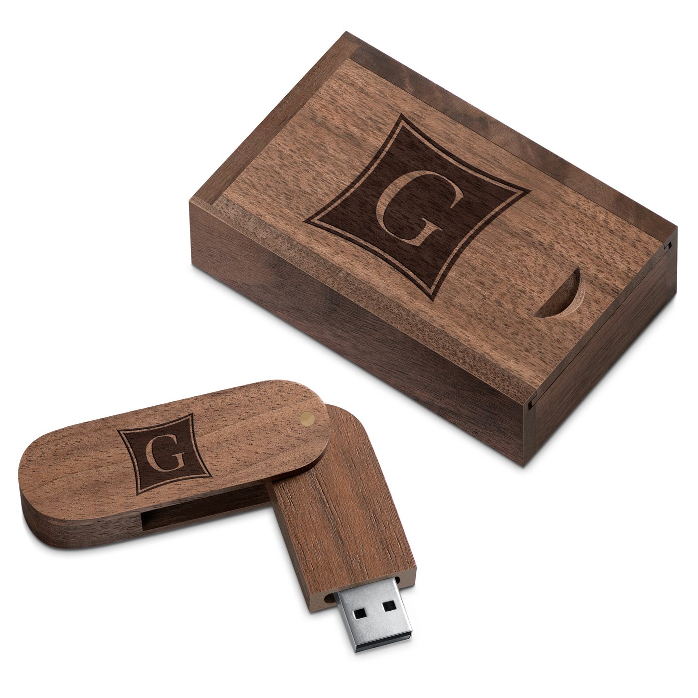 Pendrive drewniany z grawerem na pudeku z Inicjaem dla gentlemana na lub rocznic
