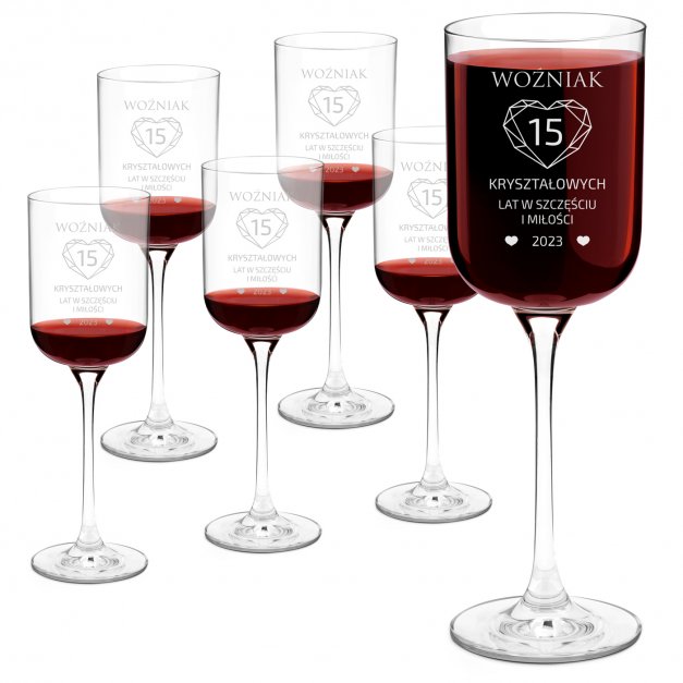 Kieliszki szklane do wina Glamour x6 z grawerem dla pary na 15 rocznicę