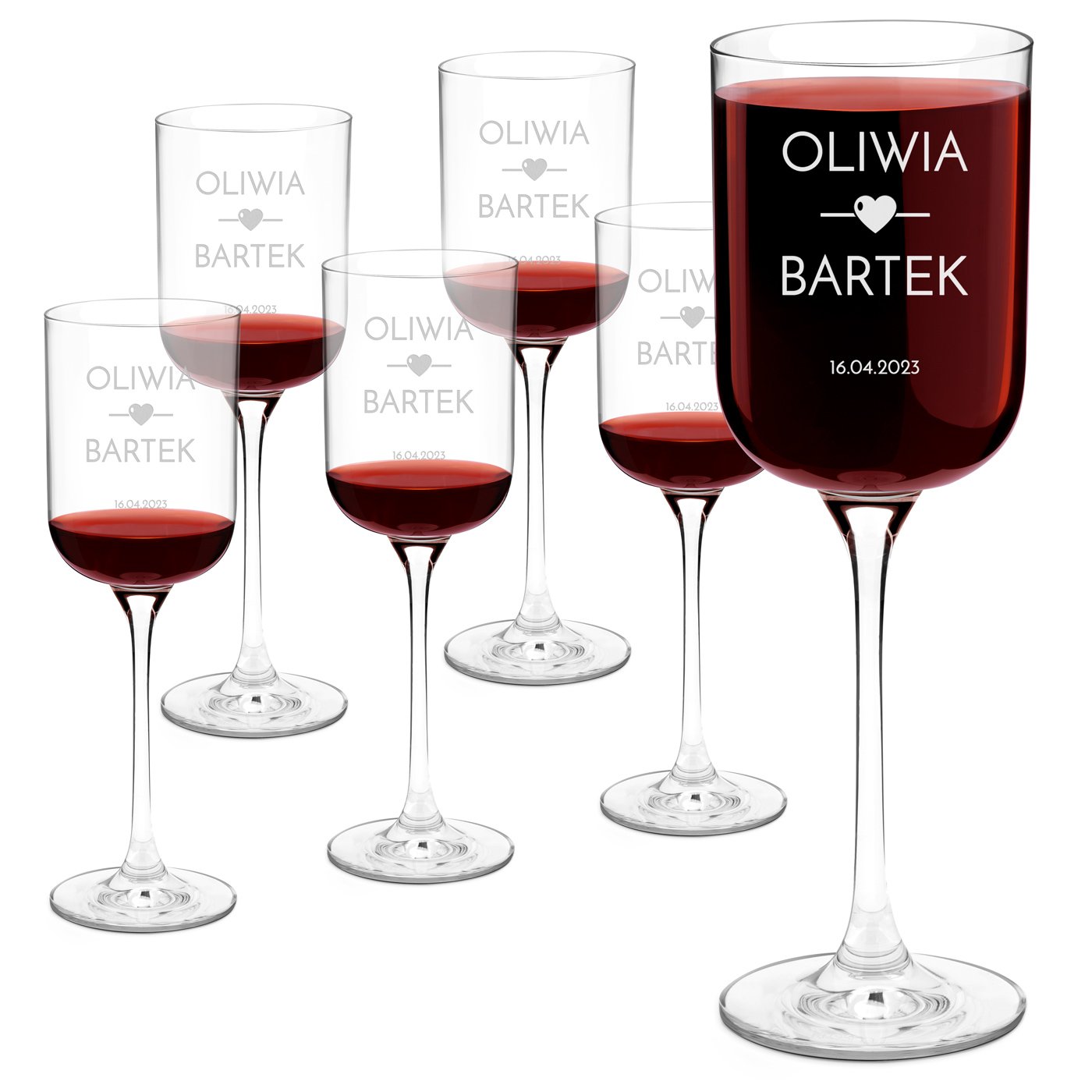 Kieliszki szklane do wina Glamour x6 z grawerem dla pary na zarczyny lub rocznic walentynki