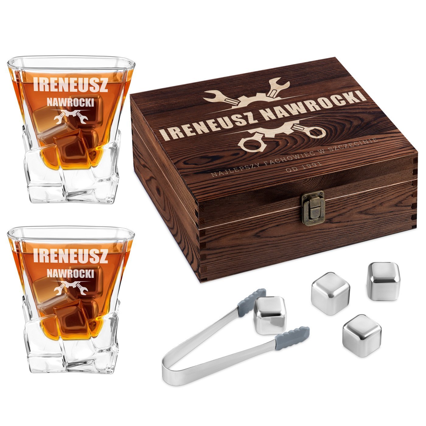 Kamienie kostki do whisky ze szklankami zestaw z grawerem dla majsterkowicza na urodziny