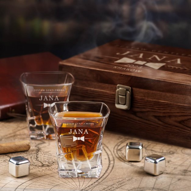 Kamienie kostki do whisky ze szklankami zestaw z grawerem dla gentlemana