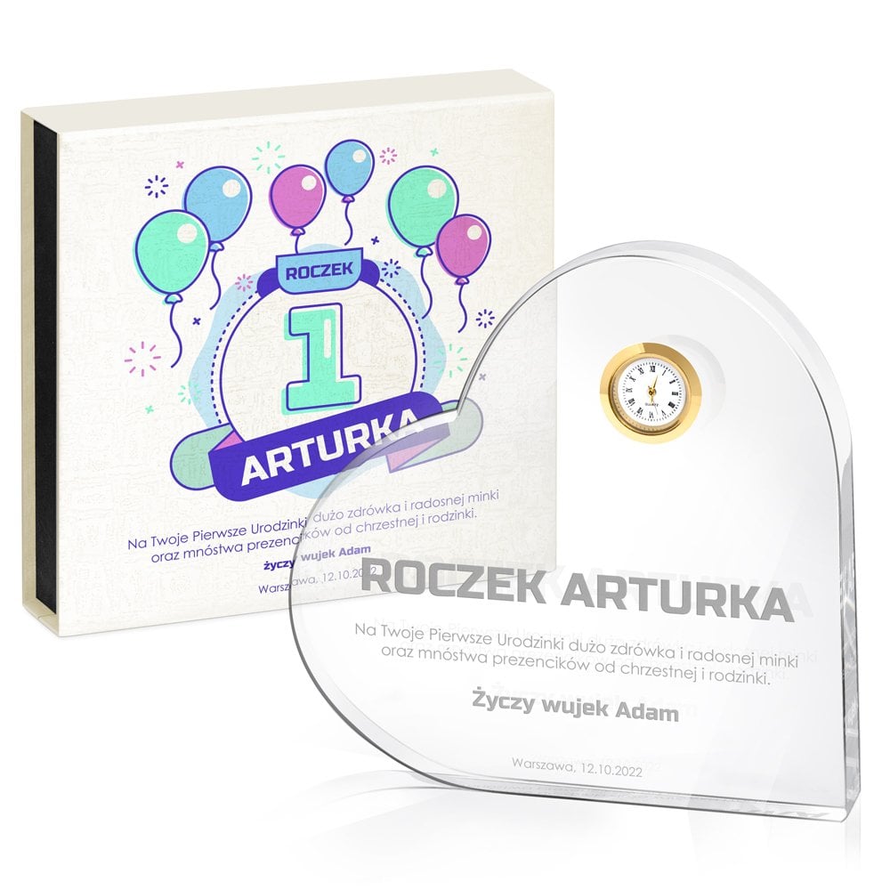 Serce krysztaowe grawerowane z zegarem w pudeku z nadrukiem dla chopca na roczek