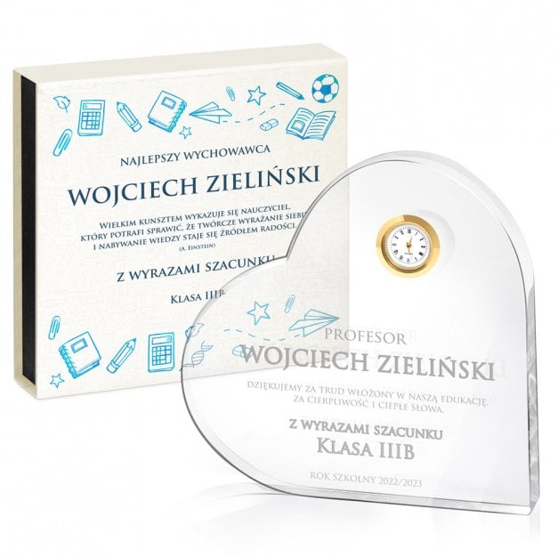 Serce kryształowe grawerowane z zegarem w pudełku z nadrukiem dla wychowawcy na Dzień Nauczyciela