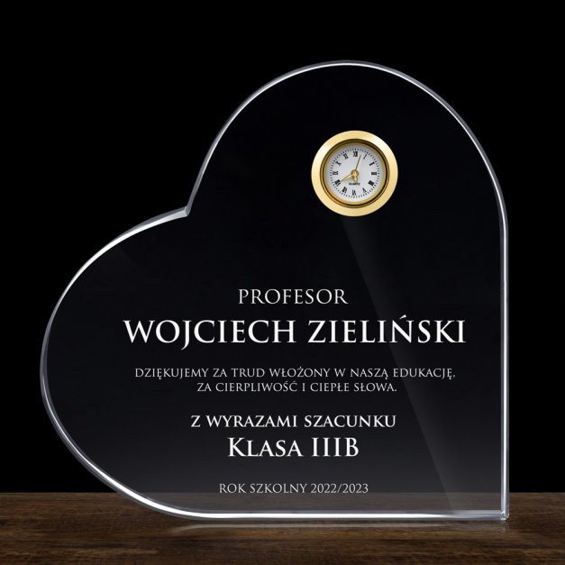 Serce kryształowe grawerowane z zegarem w pudełku z nadrukiem dla wychowawcy na Dzień Nauczyciela