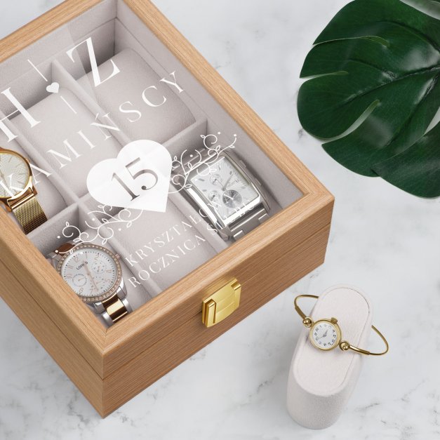 Szkatułka drewniana na 6 zegarków z grawerem dla pary na  kryształową 15 rocznicę
