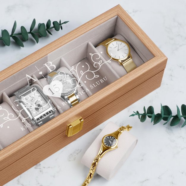 Szkatułka drewniana prostokątna na 6 zegarków z grawerem dla pary na kryształową 15 rocznicę