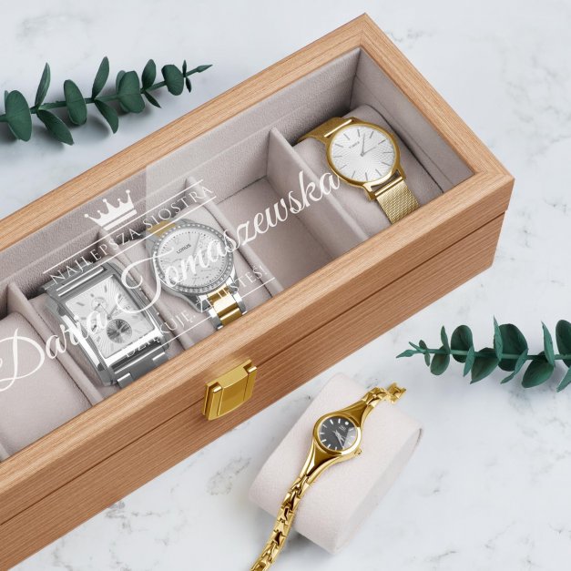 Szkatułka drewniana prostokątna na 6 zegarków z grawerem dla siostry świadkowej jako podziękowanie ślubne