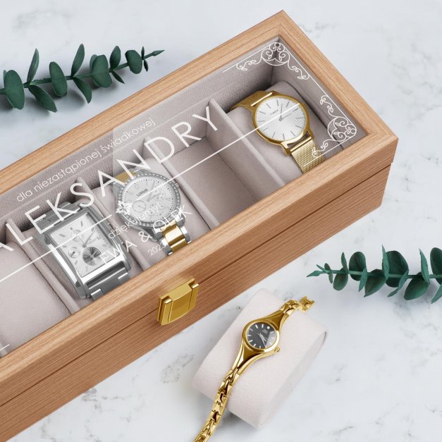 Szkatułka drewniana prostokątna na 6 zegarków z grawerem dla świadkowej jako podziękowanie ślubne