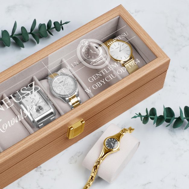 Szkatułka drewniana prostokątna na 6 zegarków z grawerem dla gentlemana na urodziny