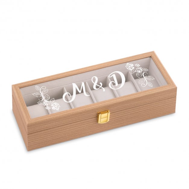 Szkatułka drewniana prostokątna na 6 zegarków z grawerem inicjały dla pary